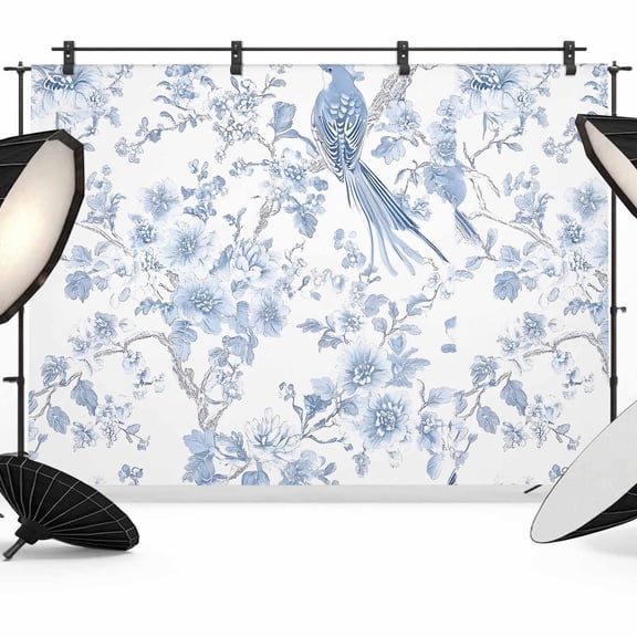Light Blue Flowers Backdrop for Photography, Fabric Photo Background Backdrop, Spring Summer Floral Birds Photo Booth Background for Portrait Photoshoot Video Wedding Studio Decoration Banner 8x6ft