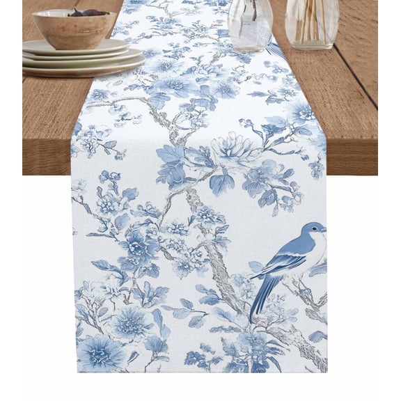 Light Blue Flowers Burlap Cotton Table Runner 13x108 Inches Long, Spring Summer Floral Birds Farmhouse Table Runners, Outdoor Dining Tablecloths Decor for Baby Shower/Party/Wedding