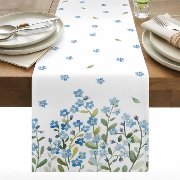 Light Blue Flowers Cotton Linen Table Runner Green Leaf Spring Plant Country Floral Dining Table Runners for Home Decor Party Dining Room Restaurant Kitchen 13" x 36"