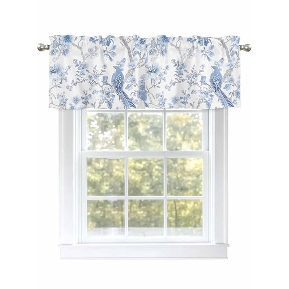 Light Blue Flowers Curtain Valances for Windows, Spring Summer Floral Birds Kitchen Valance Window Treatment, Light Filtering Block Curtains for Bathroom/Bedroom/Living Room 42'' x 12''