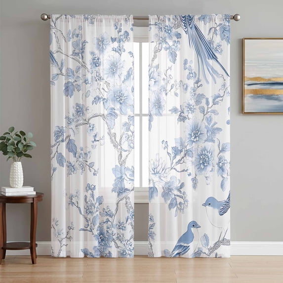Light Blue Flowers Sheer Curtains 63 Inch Length 2 Panels Set, Spring Summer Floral Birds Voile Window Treatment Rod Pocket Curtains Sheers Drapes for Bedroom/Living Room/Kitchen 52x"63"x2