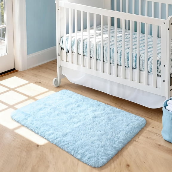 Light Blue Fluffy Area Rug 2x3 Ft, Soft Shag Bedroom Rug with Rubber Backing, Plush Polyester Floor Mat, Machine Washable Small Accent Rug for Bedroom, Living Room, Bedside and Reading Corner,1 Piece