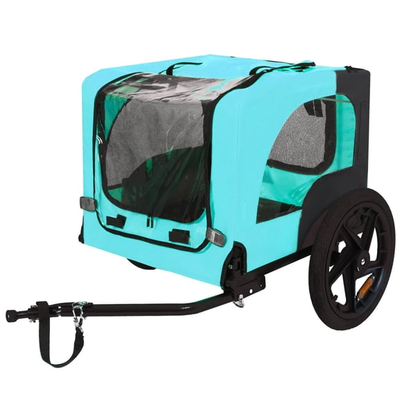 Light Blue Foldable Pet Bike Trailer for Small & Medium Dogs Metal Frame Bicycle Dog Cart with Quick Release Wheels Non-Slip Floor & Internal Safety Leash Supports Pets Up to 66 LBS