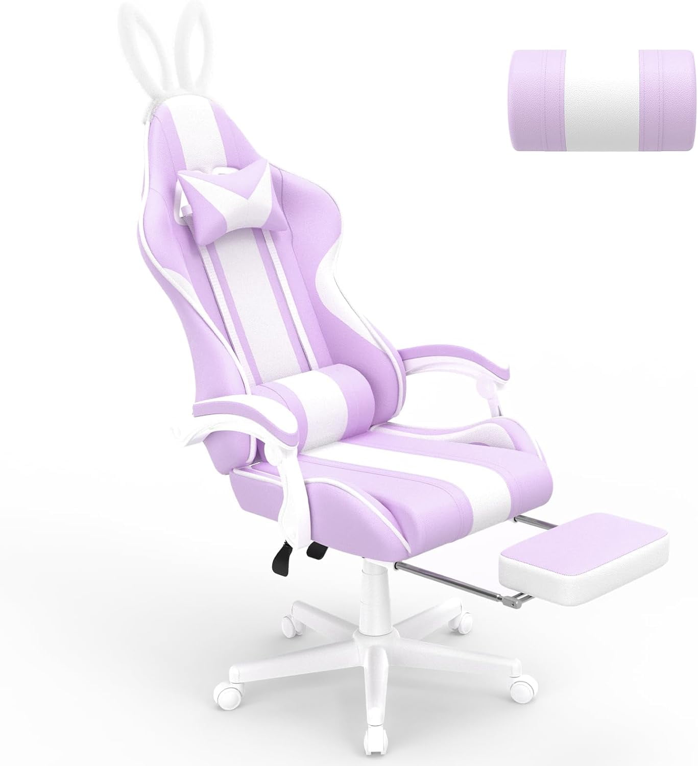 Light Blue Gaming Chair with Bunny Ears, Ergonomic Cute Gamer Chair with Footrest and Massage