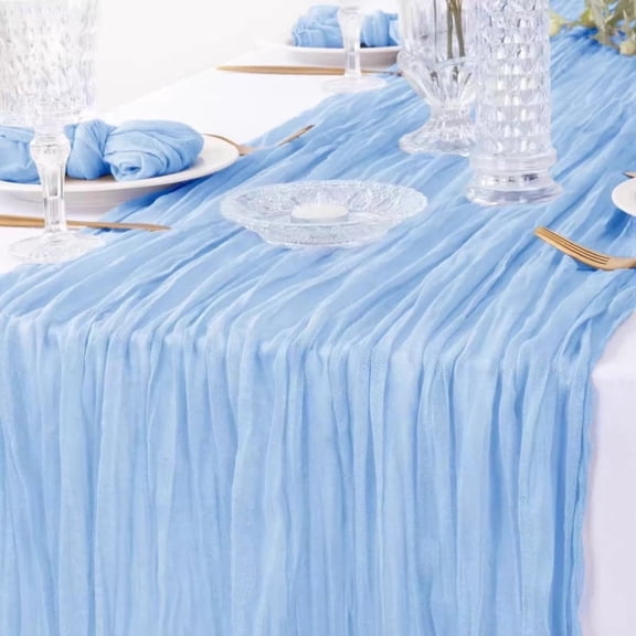 Light Blue Gauze Table Runner 35.43x118.11 in, Wrinkle-Resistant Polyester Sheer Fabric, Rustic Farmhouse Decor for Party Wedding Dining.