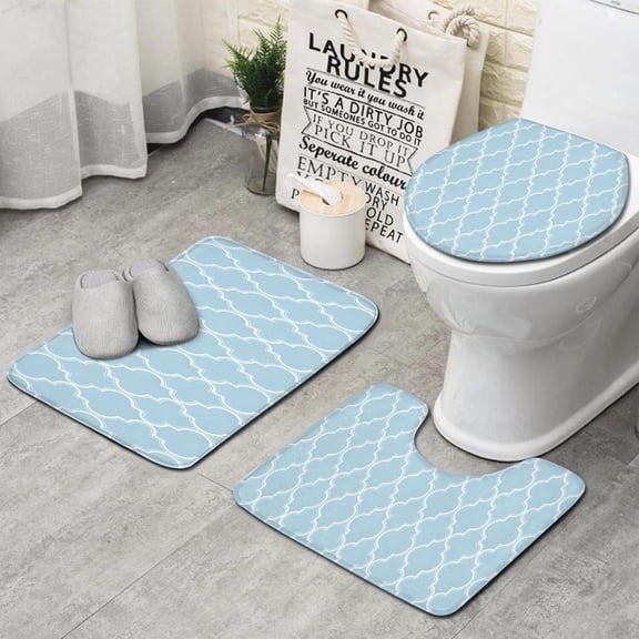 Light Blue Geometric Quatrefoil Pattern Bathroom Rugs Sets 3 Piece,Toilet Cover Set,Absorbent Non Slip Bathroom Mats Sets with U-Shaped Contour Rug Toilet Rug Set