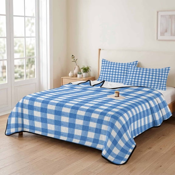 Light Blue Gingham Check 3 Pieces Quilt Set,1 Quilt with 2 Shams,Country Classic Plaid Bedspread Soft Lightweight Bedding Coverlet Comforter Set for All Season 90"x96"