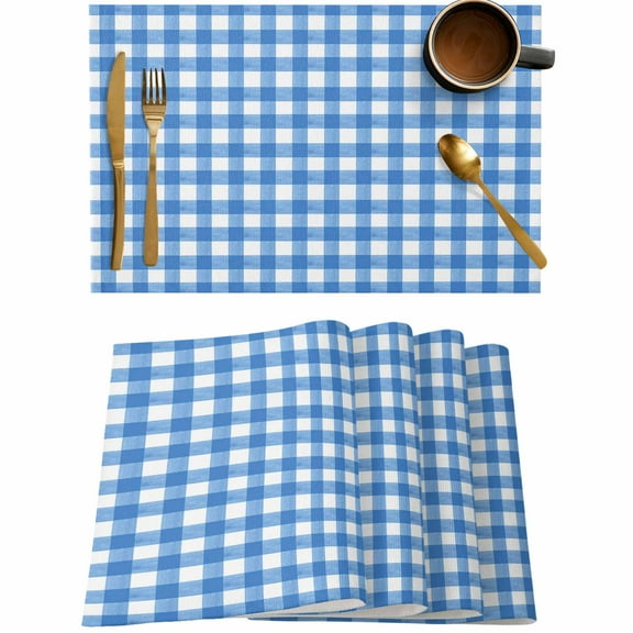 Light Blue Gingham Check Placemats Set of 4,Wipeable Washable Table Mats for Dining Tables,Country Classic Plaid Place Mats for Kitchen Event Party Tabletop Decor