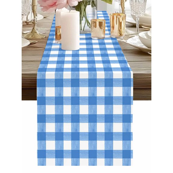 Light Blue Gingham Check Table Runner-36 Inch Long Country Classic Plaid Table Runners Linen Burlap Tablerunner for Kitchen Dining Room Holiday Party