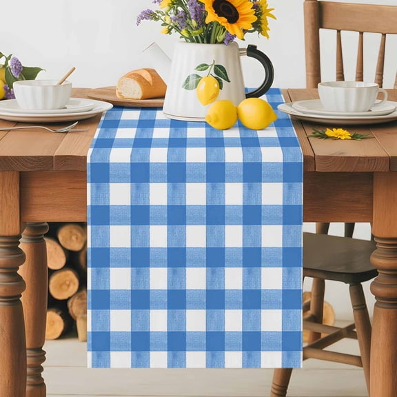 Light Blue Gingham Check Table Runner 36 Inches Long, Country Classic Plaid Table Runners Tabletop Scarf Kitchen Dining Tables Decoration for Home Party Indoor Outdoor