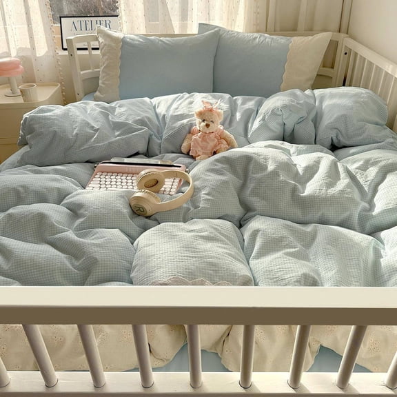 Light Blue Gingham Comforter Set Twin XL - 3-Piece Soft Washed Microfiber Bedding Set with Lace Trim