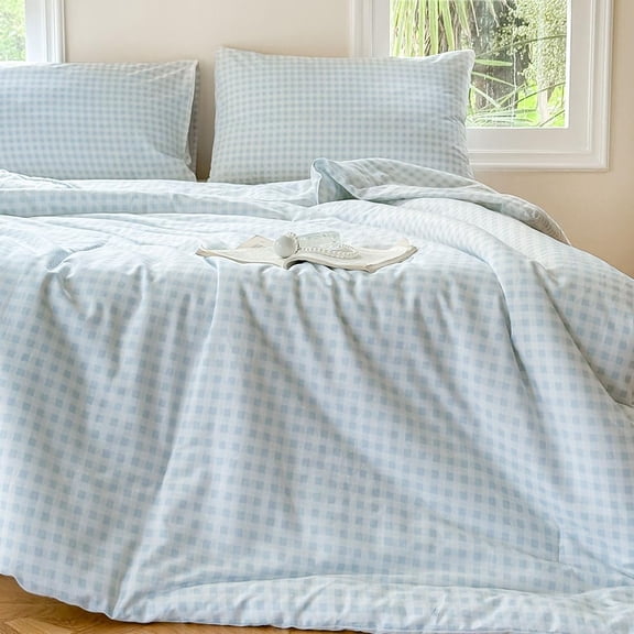 Light Blue Gingham Cotton Comforter Set Twin