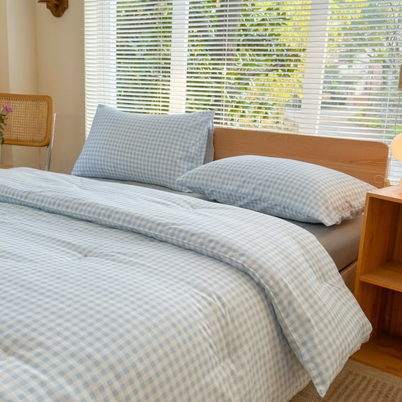 NSNLGSGC Light Blue Checkered Plaid King Comforter Set, 3-Piece Bedding Set