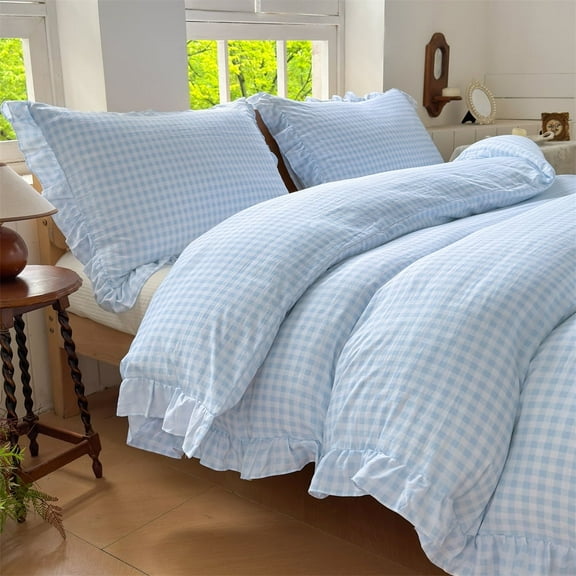 Light Blue Gingham Ruffle Duvet Cover Twin Size, 2 Pieces Soft Pre-Washed Microfiber Checked Plaid Comforter Cover Set, Vintage Farmhouse Bedding Set(Blue Gingham, Twin 68"x90")