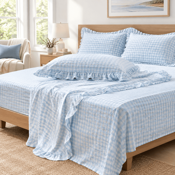 Light Blue Gingham Ruffle King Sheet Set