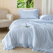 Light Blue Gingham Ruffle Twin Comforter Set, Blue Ruffled Plaid Bedding Set, Ruffled Checked Bed Comforter 2 Pieces(Light Blue Gingham, Twin)