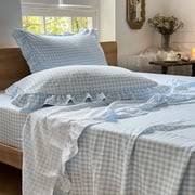 Light Blue Gingham Ruffle Twin Sheet Set, Blue Soft Pre-Washed Microfiber Plaid Ruffled Twin Bed Sheets, 3-Pieces Farmhouse Sheet Set with Deep Pocket