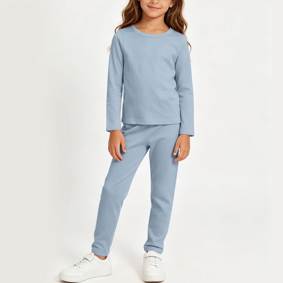 Light Blue Girls 2-Piece Cotton Long Sleeve Top & Pants Matching Set, Crew Neck,Size 3-4 T