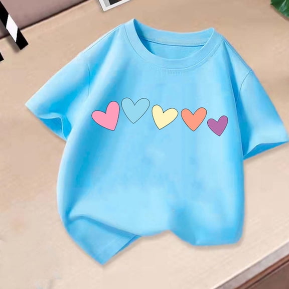 Light Blue Girls Shirt | Kids Short Sleeve T-Shirt with Hearts | Soft Cotton Tee for Girls, Cute Casual Top for Kids Sizes 4T to 12,Size 4 T