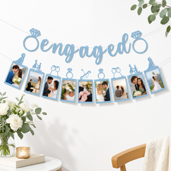 Light Blue Glitter Pre-Strung Engaged Photo Banner with Picture Frames for Engagement Parties