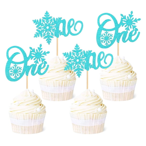 Light Blue Glitter Snowflake One Cupcake Toppers 12Pcs Winter Frozen Theme Number 1 Cupcake Picks for Baby Girl Boy 1st Birthday Party Decorations