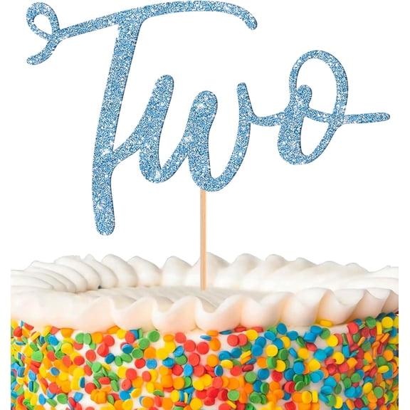Light Blue Glitter Two Cake Topper, Cursive Number 2 Cake Pick for Kids Second Birthday Baby Two Years Old Party Decor,1 Pack