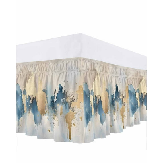 Light Blue Gold Abstract Bed Skirt California King Size 16" Drop Modern Art Oil Painting Style Ombre Ruffled Wrap Around Bed Skirts Adjustable Elastic Bedskirt Dust Ruffle for California King Beds