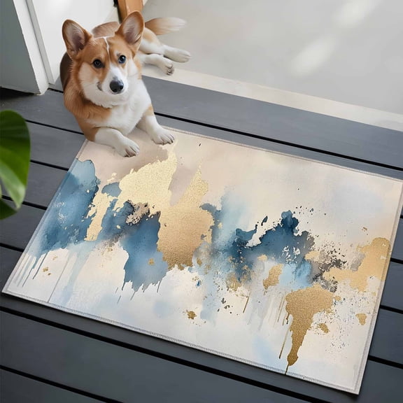 Light Blue Gold Abstract Front Door Rugs 2x3 ft Modern Art Oil Painting Style Ombre Small Rug for Entryway Non Slip Washable Bathroom Door Mat Absorbent Floor Mat for Indoor Entrance