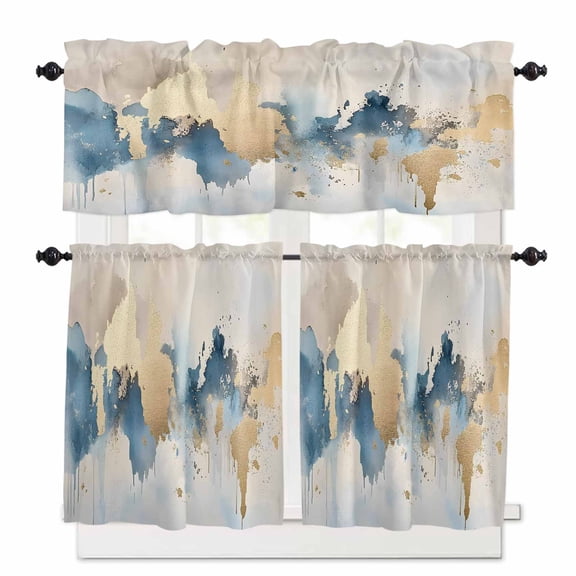 Light Blue Gold Abstract Kitchen Curtains and Valances Set, Modern Art Oil Painting Style Ombre Rod Pocket Window Valance Window Curtain Panels for Living Room Bedroom Laundry, 27.5x24in, 3 Pieces