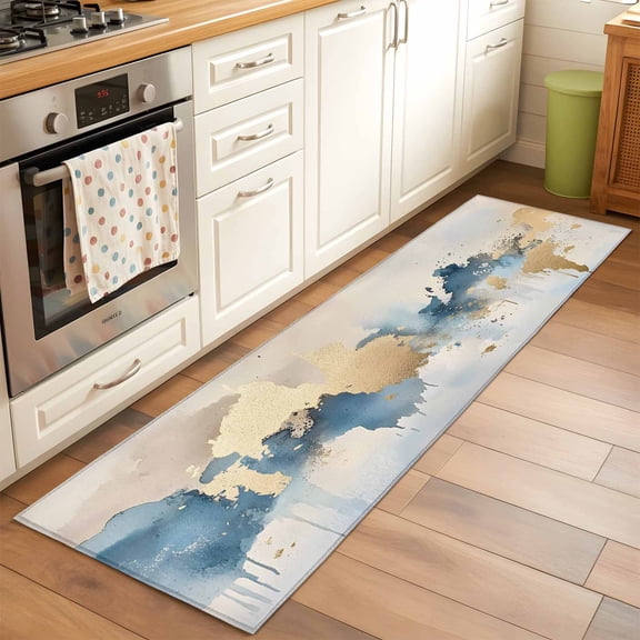 Light Blue Gold Abstract Runner Rugs 2x6 ft Modern Art Oil Painting Style Ombre Washable Hallway Rugs Non-Slip Floor Mats Absorbent Carpet Bedside Runners for Bedroom Kitchen Bathroom Laundry Room