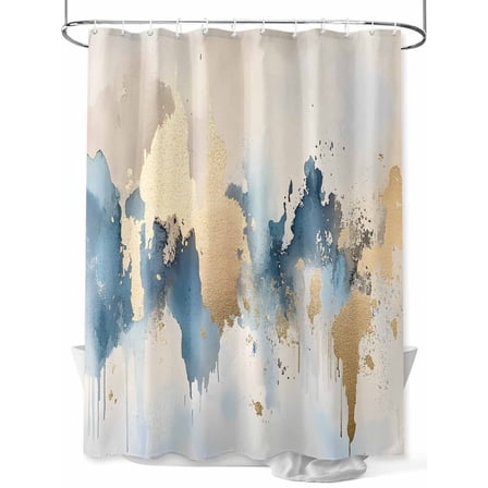 Light Blue Gold Abstract Shower Curtain, Modern Art Oil Painting Style Ombre Waterproof Shower Curtain Set with 12 Hooks Lightweight Washable Fabric Shower Curtains for Bathroom 72x72 Inches