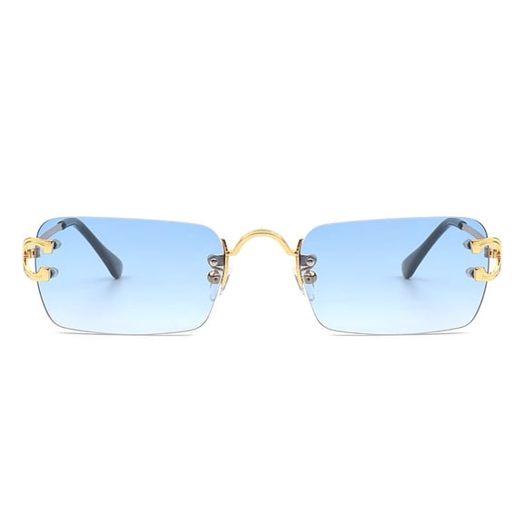 Light Blue & Gold C-Shaped Rimless Square Sunglasses, UV400 Protection Polarized Lenses, Trendy Fashion Shades for Women Statement Look