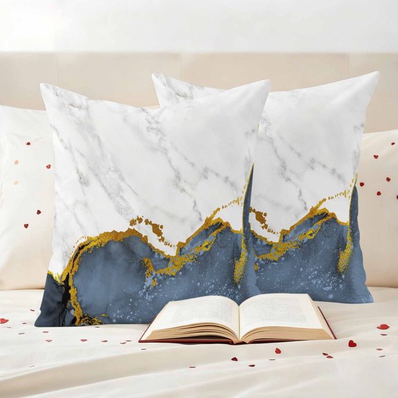 Light Blue Gold Marble Outdoor Throw Pillow Covers Set of 2, Abstract Wave Waterproof Pillow Covers Protectors with Hidden Zipper for Garden Couch Bench 16x16in