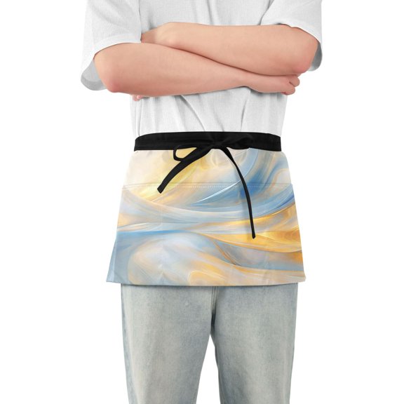 Light Blue Gold Marble Server Apron with 3 Pockets Waterproof Waitress Waist Short Apron for Man Woman 12 Inches