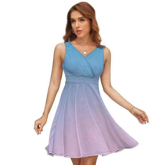 Light Blue Gradient Dress Summer Street Style Dresses Female Sleeveless Printed Sundress