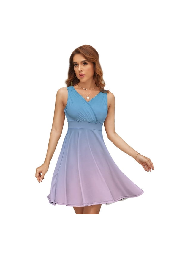 Light Blue Gradient Dress Summer Street Style Dresses Female Sleeveless Printed Sundress