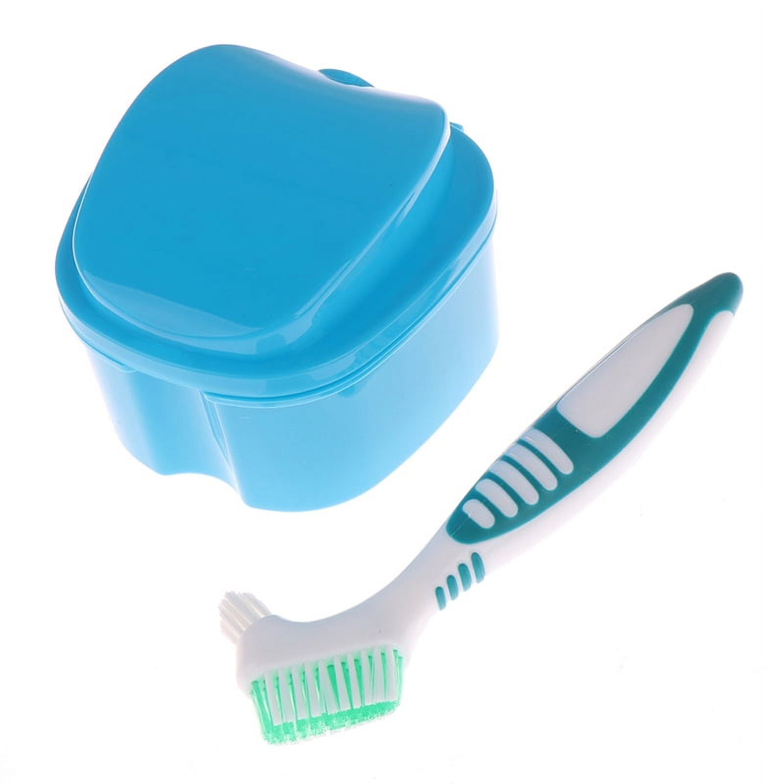 (Light Blue & Green) Denture Bath Cleaner Retainer With Tray Case Holder Storage denture brush
