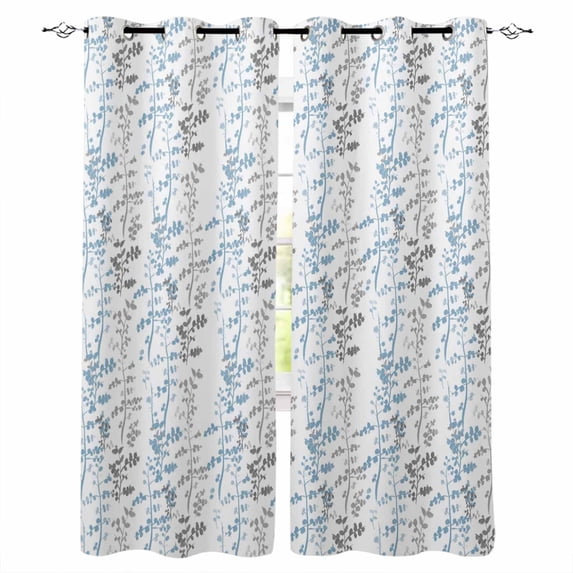 Light Blue Grey Botanical Blackout Curtains for Bedroom/Living Room, Thermal Insulated Kitchen Curtains, Spring Floral Summer Farmhouse Grommet Darkening Window Treatment Drapes 27.5"x39"x2