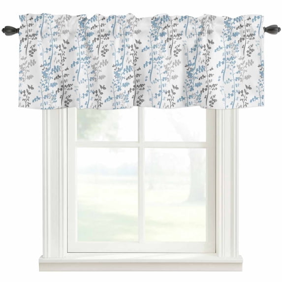 Light Blue Grey Botanical Farmhouse Short Window Curtain Valances, Spring Floral Summer Farmhouse Rod Pocket Kitchen Valances for Living Room Bedroom Bathroom Cafe 42" x 18"