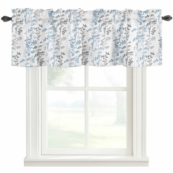 Light Blue Grey Botanical Farmhouse Short Window Curtain Valances, Spring Floral Summer Farmhouse Rod Pocket Kitchen Valances for Living Room Bedroom Bathroom Cafe 42" x 18"