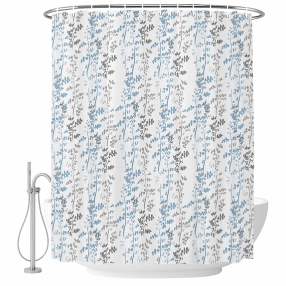 Light Blue Grey Botanical Shower Curtain, Waterproof Shower Curtains for Bathroom, Spring Floral Summer Farmhouse Washable Fabric Bathtub Curtain Set Bath Decor with 12 Hooks Long 72"x84"