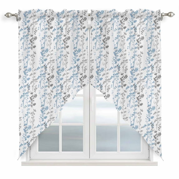 Light Blue Grey Botanical Swag Valances for Windows, Kitchen Window Curtains Over Sink, Spring Floral Summer Farmhouse Window Treatment Curtains for Living Room/Bedroom Curtains 2 Panel Sets 36"x45"