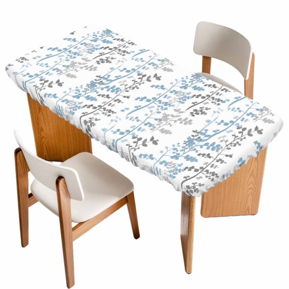 Light Blue Grey Botanical Table Cloths for 4 Foot Rectangle Tables, Spring Floral Summer Farmhouse Patio Waterproof Elastic Fitted Tablecloths, Washable Rectangular Table Cover for Camping