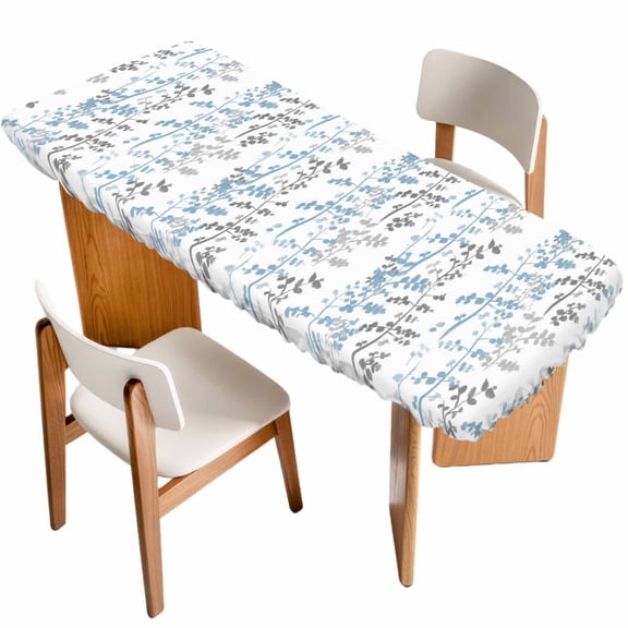 Light Blue Grey Botanical Table Cloths for 8 Foot Rectangle Tables, Spring Floral Summer Farmhouse Patio Waterproof Elastic Fitted Tablecloths, Washable Rectangular Table Cover for Camping