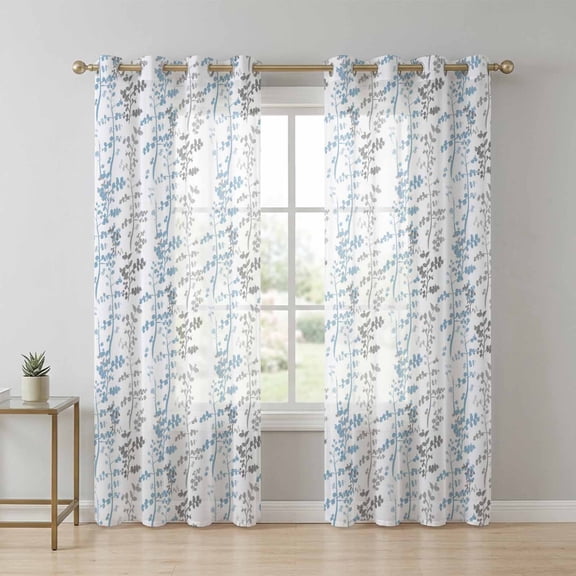 Light Blue and Grey Leaf Sheer Curtains 72 Inch Long 2 Panels, Abstract Farm Plants Floral Branches Light Filtering Semi Sheer Drapes Grommet Voile Window Curtain for Living Bedroom W52 x L72