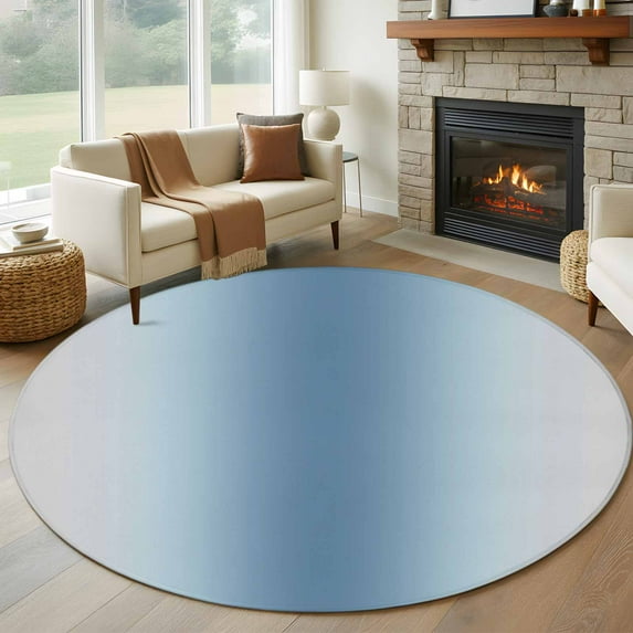 Light Blue Grey Ombre 8ft Round Rug, Modern Abstract Art Gradient Non-Skid Rubber Backing Large Area Rugs - Living Room Bedroom Home Office, Indoor Floor Mat Carpets Washable Rug