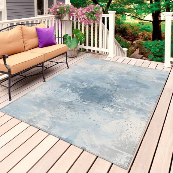Light Blue Grey Outdoor Rug for Patio/Deck/Porch, Non-Slip Large Area Rug 5 x 8 Ft, Minimalism Gradient Mottled Patterned Indoor Outdoor Rugs Washable Area Rugs, Reversible Camping Rug Carpet Runner
