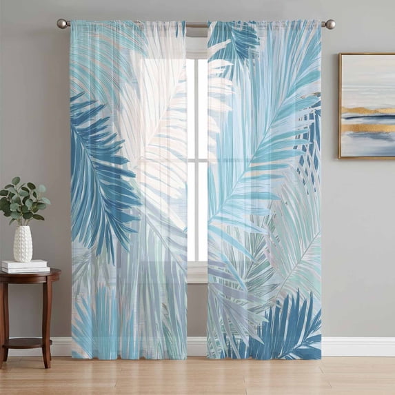 Light Blue Grey Palm Leaves Sheer Curtains 84 Inches Long, Summer Tropical Plants Botanical Light Filtering Window Curtains for Living Room, Rod Pocket Voile Chiffon Drapes, 52"W x 84"L, 2 Panels