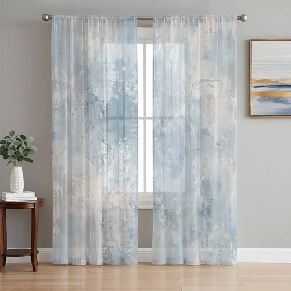 Light Blue Grey Sheer Curtains 96 Inch Length 2 Panels Set, Minimalism Gradient Mottled Patterned Voile Window Treatment Semi Sheer Long Curtains Drapes for Bedroom/Living Room/Kitchen 52"x96"x2