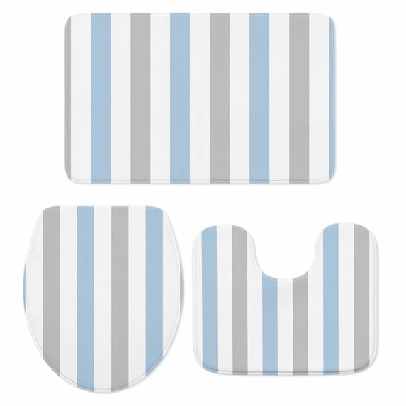 Light Blue Grey Stripe Bath Mat 3 Piece Bathroom Rug Set, Modern Farmhouse Vertical Striped Non Slip Bath Rug Contour Mat and Toilet Lid Cover, Absorbent Shower Mats Soft Bath Rugs and Mats Sets